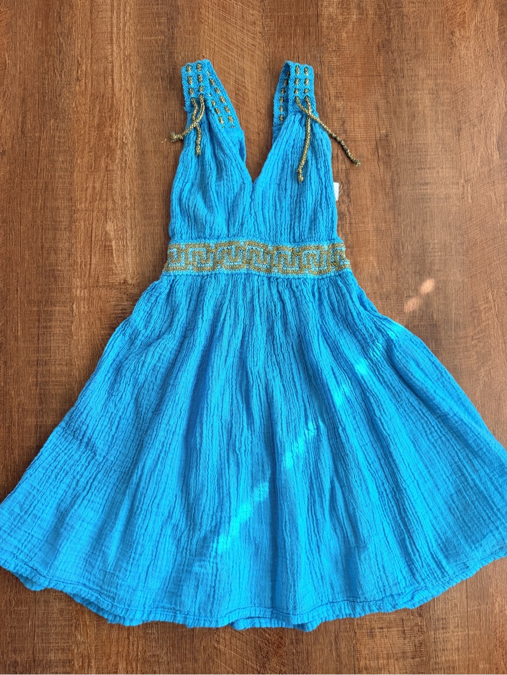 Girls Turquoise Summer Dress with Gold Embroidered Waist
